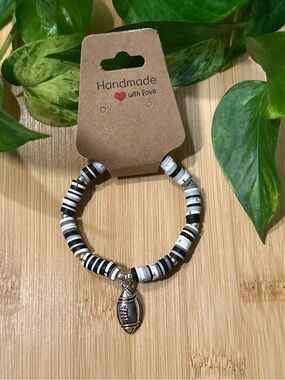🏈✨ Football Stretchy Beaded Bracelet | Handmade | Silver Football Dangle Charm